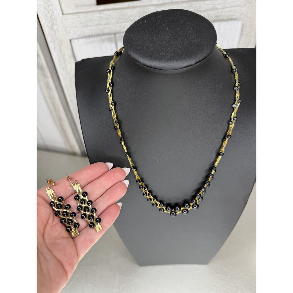 Vintage Antique Black Beaded Necklace & Earring Set Gold Braided Hollywood